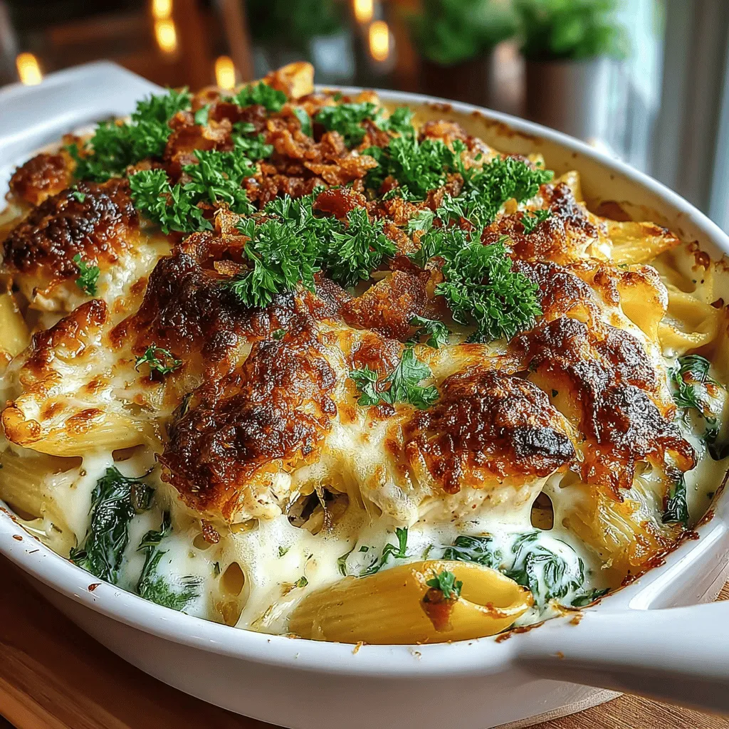 Enhancing the flavor and presentation of your Creamy Spinach Artichoke Chicken Pasta Bake can be easily accomplished with some optional toppings. Consider adding crispy bacon bits for a savory crunch and a sprinkle of fresh parsley for a burst of color and freshness. These toppings not only elevate the dish visually but also add an extra layer of flavor that complements the creamy pasta.