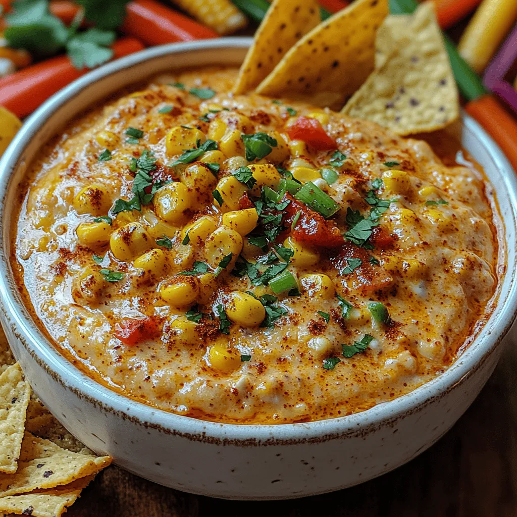 Dips have long been a staple of social gatherings, serving as the perfect accompaniment for chips, veggies, or even bread. Whether it's a festive celebration, a game night with friends, or a casual family gathering, the right dip can elevate any occasion. Among the myriad of options available, <strong>Sweet & Savory Creamy Roasted Corn Dip</strong> stands out, captivating taste buds with its delightful fusion of flavors. This dish artfully combines the natural sweetness of roasted corn with savory spices and creamy textures, creating a dip that is both indulgent and refreshing.” /></p>
</p>
<h2>Importance of Using Softened Cream Cheese for Easy Blending</h2>
</p>
<p>When it comes to creating a luscious and creamy texture for your Sweet & Savory Creamy Roasted Corn Dip, using softened cream cheese is crucial. Softened cream cheese blends seamlessly into the dip, ensuring a smooth consistency that captures the essence of roasted corn. If you attempt to mix cold cream cheese directly into your dip, you may end up with lumps that disrupt the creamy experience you’re aiming for. To soften cream cheese effectively, simply leave it out at room temperature for about 30 minutes before you start your preparation. Alternatively, for a quicker method, you can cut it into smaller cubes and microwave it for about 10-15 seconds, ensuring it doesn’t melt.</p>
</p>
<h2>Flavor Variations</h2>
</p>
<p>One of the joys of cooking is the ability to personalize recipes to your taste. With this creamy corn dip, feel free to explore various flavor profiles. Consider adding fresh herbs like cilantro, parsley, or chives for a burst of freshness. If you prefer a bit of heat, include diced jalapeños or a pinch of cayenne pepper. For a smoky flavor, a dash of smoked paprika can elevate the taste. Try incorporating spices like garlic powder or onion powder to enhance the savory notes. Each variation can transform the dip into something uniquely yours, ensuring that it suits your palate and impresses your guests.</p>
</p>
<h2>Combining and Chilling</h2>
</p>
<h3>Letting the Roasted Corn Cool</h3>
</p>
<p>Before you mix your ingredients, it’s essential to let the roasted corn cool to maintain its texture. If you add hot corn directly to the mixture, it can cause the cream cheese to melt too much, leading to a dip that is too runny. Allow the corn to cool for about 10-15 minutes after roasting. You can spread it out on a plate to expedite the cooling process.</p>
</p>
<h3>Steps to Combine Ingredients</h3>
</p>
<p>1. <strong>Prepare the Base</strong>: In a large mixing bowl, add the softened cream cheese and Greek yogurt. Using an electric mixer or a sturdy spatula, blend the two until they are creamy and well combined.</p>
</p>
<p>2. <strong>Incorporate the Corn</strong>: Once the corn has cooled, fold it gently into the cream cheese mixture. Be careful not to mash the corn; you want to maintain some of those delicious kernels for texture.</p>
</p>
<p>3. <strong>Add Flavorings</strong>: If you’re using herbs, spices, or other add-ins, incorporate them at this stage. Stir gently to distribute the flavors evenly throughout the dip.</p>
</p>
<p>4. <strong>Season to Taste</strong>: Don’t forget to add salt and pepper to taste. Depending on your preferences and the saltiness of other ingredients, adjust accordingly.</p>
</p>
<h3>Importance of Chilling the Dip</h3>
</p>
<p>After combining all the ingredients, cover the bowl with plastic wrap or transfer the dip to an airtight container. Chilling the dip for at least an hour, or even overnight, allows the flavors to meld beautifully. This resting period enhances the dip’s taste, making every bite more flavorful. The chill also helps the dip thicken slightly, providing a better consistency for scooping.</p>
</p>
<h2>Serving Suggestions</h2>
</p>
<h3>Creative Serving Options</h3>
</p>
<p>This Sweet & Savory Creamy Roasted Corn Dip is incredibly versatile in terms of serving. Here are several ideas to inspire your presentation:</p>
</p>
<p>– <strong>Tortilla Chips</strong>: The classic choice, tortilla chips provide a satisfying crunch that pairs perfectly with the creamy dip.</p>
<p>– <strong>Fresh Veggies</strong>: For a healthier option, serve the dip with an array of colorful fresh vegetables such as carrot sticks, cucumber slices, and bell pepper strips. This not only adds a healthy crunch but also infuses your spread with vibrant colors.</p>
<p>– <strong>Breadsticks</strong>: Warm, crusty breadsticks are another delightful way to enjoy the dip. Their texture complements the dip in a unique way, making each bite enjoyable.</p>
</p>
<h3>Presentation Tips</h3>
</p>
<p>To make your dip visually appealing, consider serving it in a shallow, wide bowl to showcase the vibrant colors. Garnish with chopped herbs, a sprinkle of paprika, or a drizzle of olive oil to add a touch of elegance. For an added touch, surround the dip with an assortment of your chosen dippers on a large platter. This creates a communal feel, inviting guests to dig in.</p>
</p>
<h3>Beverage Pairings</h3>
</p>
<p>To elevate your serving experience, think about what beverages will pair well with your corn dip. Light beers, such as lagers or pale ales, can complement the dip’s creamy texture. For a non-alcoholic option, consider sparkling water with a splash of lime or a fresh fruit-infused lemonade. These drinks provide a refreshing counterpoint to the richness of the dip.</p>
</p>
<h2>Nutritional Benefits</h2>
</p>
<h3>Breakdown of Nutritional Value</h3>
</p>
<p>Your Sweet & Savory Creamy Roasted Corn Dip is not only delicious but also packed with nutritional benefits:</p>
</p>
<p>– <strong>Corn</strong>: Naturally sweet and full of fiber, corn is a great source of antioxidants, vitamins A, B, and C, and essential minerals.</p>
<p>– <strong>Greek Yogurt</strong>: A healthier alternative to sour cream, Greek yogurt is rich in protein and probiotics, which are beneficial for gut health.</p>
<p>– <strong>Cheese</strong>: While providing creaminess and flavor, cheese also adds calcium and protein to your dip.</p>
</p>
<h3>Portion Control and Health-Conscious Alternatives</h3>
</p>
<p>While this dip is a delightful treat, it’s important to consider portion sizes, especially if you’re serving it at gatherings. Offering small portions allows guests to enjoy the dip without overindulging. For a health-conscious approach, you can substitute lower-fat cream cheese and yogurt options without sacrificing flavor.</p>
</p>
<h3>Dietary Preferences</h3>
</p>
<p>This dip can easily fit various dietary preferences. It is gluten-free as long as you serve it with gluten-free dippers. Additionally, by adjusting the types of cheese and yogurt used, you can create a vegetarian-friendly version that suits a variety of dietary needs.</p>
</p>
<h2>Conclusion</h2>
</p>
<p>In recap, the Sweet & Savory Creamy Roasted Corn Dip is a standout dish bursting with flavor and creamy goodness. With the perfect balance of sweet roasted corn and savory cream cheese, this dip is sure to become a favorite at any gathering. Don’t hesitate to experiment with different herbs and spices to make it your own, and consider the creative serving options to impress your guests.</p>
</p>
<p>Sharing this dip with loved ones will not only enhance your culinary experiences but also create lasting memories. So gather your ingredients, invite your friends, and enjoy the delightful process of making this dish together. Your kitchen will be filled with laughter and great conversation as everyone enjoys the rich flavors of your Sweet & Savory Creamy Roasted Corn Dip.</p>
</div>