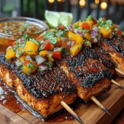 Grilled salmon skewers paired with sweet peach salsa offer a delightful combination of savory and sweet flavors that is sure to satisfy any palate. This dish is not only visually appealing with its vibrant colors, but it also boasts a perfect blend of textures, making it an excellent choice for various occasions. Whether you’re hosting a summer barbecue, planning a family gathering, or simply seeking a healthy weeknight dinner, this recipe is versatile enough to cater to all your needs.