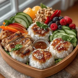 Bento boxes have transcended their origins in Japanese cuisine to become a staple in contemporary meal prep, celebrated for their versatility and aesthetic charm. These neatly organized containers not only offer a delightful visual experience but also embody the principles of balance and nutrition that are central to healthy eating. The Whimsical Bento Delight is a perfect embodiment of these qualities, serving as a colorful and nutritious option for lunch or snacks that appeals to both the eye and the palate.
