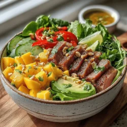 The Tropical Tango Mango & Beef Salad Bowl is a vibrant dish that brings together the lush sweetness of ripe mangoes, the savory richness of perfectly cooked beef, and the crisp freshness of assorted greens. This salad bowl is not just a feast for the eyes; it’s a celebration of flavors and textures that will tantalize your taste buds. Whether you’re looking for a refreshing lunch option or a light dinner that doesn’t skimp on taste, this salad bowl is sure to impress.
