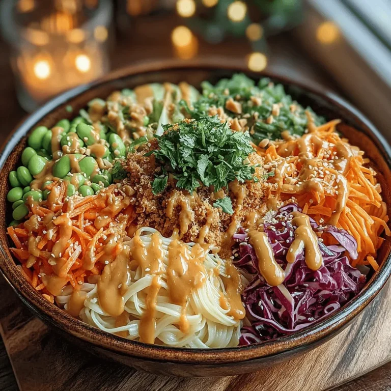 The Peanut Noodle Crunch Bowl is a delightful culinary creation that brings together a medley of flavors, textures, and vibrant colors in one satisfying dish. This bowl is more than just a meal; it's a celebration of fresh ingredients and wholesome nutrition. The combination of tender rice noodles, a creamy and flavorful peanut sauce, and a variety of crunchy vegetables makes this dish not only visually appealing but also a feast for the palate. Whether you’re seeking a quick weeknight dinner or a dish to impress at your next gathering, the Peanut Noodle Crunch Bowl fits the bill perfectly.