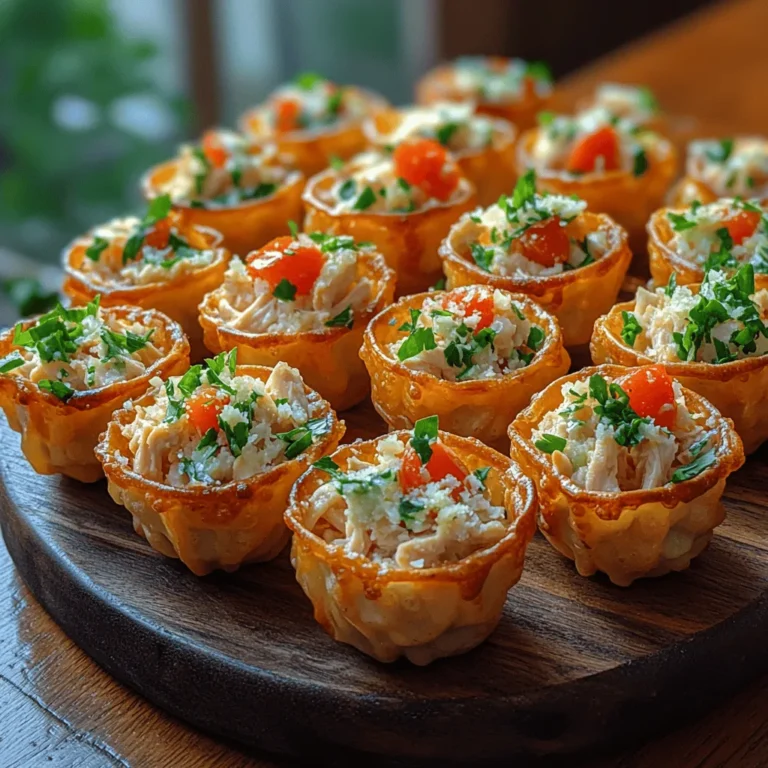 If you're looking for a crowd-pleasing appetizer that combines the classic flavors of Caesar salad with a unique twist, look no further than Mini Chicken Caesar Wonton Bites. These delightful morsels offer a perfect blend of crispy, savory, and creamy textures that make them an ideal choice for everything from casual family dinners to festive gatherings and parties. The beauty of this recipe lies not only in its flavors but also in its versatility; they can be served as finger food for a cocktail party or as a charming starter for a more formal meal.