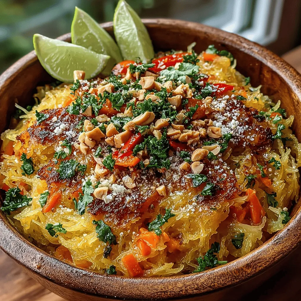 <strong>Defining Spaghetti Squash</strong>” /></p>
</p>
<h2>Achieving the Right Texture: Tips for Sautéing</h2>
</p>
<p>Cooking the spaghetti squash to achieve the perfect texture is crucial for this recipe. To ensure you get the ideal “noodle-like” consistency, follow these sautéing tips:</p>
</p>
<p>1. <strong>Use the Right Pan</strong>: A large non-stick skillet or a wok is ideal for sautéing. The non-stick surface prevents sticking and allows for even cooking.</p>
</p>
<p>2. <strong>Preheat the Pan</strong>: Before adding any ingredients, make sure your pan is hot. This will help to sauté the vegetables quickly while sealing in their flavors and moisture.</p>
</p>
<p>3. <strong>Sauté in Batches</strong>: If you have a lot of vegetables or ingredients, avoid overcrowding the pan. Sauté in batches to ensure even cooking. This way, the vegetables will caramelize rather than steam.</p>
</p>
<p>4. <strong>Keep it Moving</strong>: Stir frequently to prevent burning and ensure all ingredients cook evenly. Use a spatula to move the ingredients around the pan continuously.</p>
</p>
<p>5. <strong>Add Ingredients in Stages</strong>: Start with the denser vegetables (like bell peppers and carrots) that take longer to cook. Add softer ingredients (like bean sprouts and green onions) towards the end to maintain their crunchiness.</p>
</p>
<h2>Cooking the Eggs or Tofu</h2>
</p>
<h3>Techniques for Perfectly Scrambled Eggs or Tofu</h3>
</p>
<p>For a delicious and fulfilling Spaghetti Squash Pad Thai, you can choose to include scrambled eggs or tofu. Here’s how to do both perfectly:</p>
</p>
<h4>Scrambled Eggs</h4>
</p>
<p>1. <strong>Choose Fresh Eggs</strong>: Use large, fresh eggs for better taste and texture. Crack them into a bowl and whisk until fully combined.</p>
</p>
<p>2. <strong>Heat the Pan</strong>: After sautéing your vegetables, push them to one side of the pan and add a bit more oil to the other side. This helps in cooking the eggs separately while still blending flavors.</p>
</p>
<p>3. <strong>Add the Eggs</strong>: Pour the whisked eggs into the hot oil. Allow them to sit for a few seconds before stirring. Gently scramble until just set, then mix with the sautéed vegetables.</p>
</p>
<p>4. <strong>Season</strong>: Add a pinch of salt and pepper to the eggs while cooking for enhanced flavor.</p>
</p>
<h4>Tofu</h4>
</p>
<p>1. <strong>Choose the Right Tofu</strong>: Firm or extra-firm tofu works best for this dish. It holds its shape during cooking and absorbs flavors well.</p>
</p>
<p>2. <strong>Press the Tofu</strong>: Before cooking, press the tofu to remove excess moisture. Wrap it in a clean kitchen towel and place a weight on top for at least 15 minutes.</p>
</p>
<p>3. <strong>Cut and Cook</strong>: Cut the tofu into bite-sized cubes. Heat oil in your pan and sauté the tofu until golden brown on all sides, about 6-8 minutes.</p>
</p>
<p>4. <strong>Add Flavor</strong>: Incorporate some soy sauce or tamari into the pan during the last couple of minutes of cooking to infuse the tofu with flavor.</p>
</p>
<h2>Combining All Components</h2>
</p>
<h3>Ensuring Uniform Distribution of Flavors</h3>
</p>
<p>Once your spaghetti squash, sautéed vegetables, and either scrambled eggs or tofu are ready, it’s time to combine everything into a cohesive dish:</p>
</p>
<p>1. <strong>Combine the Squash and Vegetables</strong>: Add the cooked spaghetti squash strands to the pan with sautéed vegetables. Toss gently to combine.</p>
</p>
<p>2. <strong>Incorporate the Sauce</strong>: Drizzle the Pad Thai sauce over the mixture. Toss everything together using tongs or a spatula to ensure every strand of squash and vegetable is evenly coated.</p>
</p>
<p>3. <strong>Add Protein</strong>: If you’re using cooked shrimp or chicken, add it at this stage. Gently fold it into the mixture.</p>
</p>
<p>4. <strong>Toss in Fresh Herbs</strong>: Finally, sprinkle fresh cilantro and chopped peanuts on top. This adds freshness and crunch.</p>
</p>
<p>5. <strong>Taste and Adjust</strong>: Give your Pad Thai a taste. If needed, adjust the seasoning with more lime juice, soy sauce, or chili flakes according to your preference.</p>
</p>
<h2>Serving Suggestions</h2>
</p>
<h3>Creative Ways to Plate and Garnish</h3>
</p>
<p>Presentation can elevate your Spaghetti Squash Pad Thai from a simple meal to a gourmet experience. Here are some creative serving suggestions:</p>
</p>
<p>1. <strong>Use Bowls or Plates</strong>: Serve the Pad Thai in deep bowls or wide plates. This allows for a generous serving and highlights the colorful ingredients.</p>
</p>
<p>2. <strong>Garnish Generously</strong>: Top with additional chopped peanuts, fresh cilantro, and lime wedges. You can also add sliced green onions or bean sprouts for extra color and texture.</p>
</p>
<p>3. <strong>Add Lime Juice</strong>: A squeeze of fresh lime juice right before serving brightens the flavors and adds a refreshing touch.</p>
</p>
<p>4. <strong>Serve with Extra Sauce</strong>: Place a small dish of additional Pad Thai sauce on the side for those who prefer a saucier dish.</p>
</p>
<p>5. <strong>Pair with Drinks</strong>: Complement your meal with a refreshing iced tea or a light beer to balance the flavors.</p>
</p>
<h2>Nutritional Analysis</h2>
</p>
<h3>Caloric Breakdown of Spaghetti Squash Pad Thai</h3>
</p>
<p>This dish not only satisfies your taste buds but also provides an impressive nutritional profile. Here’s a breakdown of the caloric content per serving:</p>
</p>
<p>– <strong>Spaghetti Squash (1 cup)</strong>: Approximately 42 calories</p>
<p>– <strong>Vegetables (mixed)</strong>: Roughly 50 calories</p>
<p>– <strong>Eggs (2 large)</strong>: About 140 calories or Tofu (4 oz): 80 calories</p>
<p>– <strong>Peanut Butter Sauce (2 tablespoons)</strong>: Around 188 calories</p>
<p>– <strong>Peanuts (1 oz)</strong>: About 170 calories</p>
</p>
<p><strong>Total Calories</strong>: Approximately 590 calories per serving (using eggs); 530 calories (using tofu).</p>
</p>
<h3>Comparing Traditional Pad Thai vs. Spaghetti Squash Pad Thai</h3>
</p>
<p>Traditional Pad Thai typically contains rice noodles, which are higher in carbohydrates and calories. A serving of conventional Pad Thai can range from 700 to 900 calories, depending on the ingredients and portion size. By substituting spaghetti squash for rice noodles, you significantly reduce the calorie count while increasing fiber and nutrients.</p>
</p>
<h3>Health Benefits of Key Ingredients</h3>
</p>
<h4>Antioxidants from Vegetables</h4>
</p>
<p>The colorful vegetables like bell peppers, carrots, and green onions used in this recipe are packed with antioxidants. These nutrients play a crucial role in fighting free radicals, reducing inflammation, and supporting overall health.</p>
</p>
<h4>Healthy Fats from Peanut Butter</h4>
</p>
<p>Peanut butter is rich in healthy fats, particularly monounsaturated fats, which can help lower bad cholesterol levels. It also provides protein and essential vitamins like vitamin E and B vitamins.</p>
</p>
<h2>Variations and Dietary Adaptations</h2>
</p>
<h3>Exploring Vegan Options</h3>
</p>
<p>For a completely plant-based meal, replace the eggs with tofu and use a vegan-friendly sauce. Here are some substitutions to consider:</p>
</p>
<p>– <strong>Eggs</strong>: Replace with scrambled tofu or chickpea flour batter for a similar texture.</p>
<p>– <strong>Peanut Butter</strong>: Ensure your peanut butter is free of added sugars or oils.</p>
<p>– <strong>Sauce</strong>: Use a homemade sauce with tamari or coconut aminos instead of soy sauce for a gluten-free option.</p>
</p>
<h3>Gluten-Free Adaptations</h3>
</p>
<p>If you’re looking to keep this dish gluten-free, choose tamari instead of traditional soy sauce. Tamari is made without wheat, making it a suitable alternative for those with gluten sensitivities.</p>
</p>
<h3>Adding Protein: Shrimp, Chicken, or Tofu</h3>
</p>
<p>To customize your Pad Thai, consider adding different proteins:</p>
</p>
<p>– <strong>Shrimp</strong>: Quickly sauté shrimp until opaque for a delicious seafood twist.</p>
<p>– <strong>Chicken</strong>: Use grilled or rotisserie chicken for added convenience.</p>
<p>– <strong>Tofu</strong>: For a vegetarian option, follow the tofu preparation steps outlined earlier.</p>
</p>
<h2>Conclusion</h2>
</p>
<p>This Spaghetti Squash Pad Thai not only satisfies your cravings for a traditional Thai dish but also offers a healthier, guilt-free alternative that is easy to prepare. By utilizing the nutritious properties of spaghetti squash and fresh vegetables, you can enjoy a meal that is both delicious and beneficial to your health. Whether you’re looking to reduce carbs, incorporate more vegetables into your diet, or simply try a new recipe, this dish checks all the boxes.</p>
</p>
<p>Embrace this modern twist on a classic favorite and enjoy the flavors of Thailand in the comfort of your home. With its vibrant colors, delightful textures, and a perfect balance of flavors, this Spaghetti Squash Pad Thai is sure to become a staple in your culinary repertoire. Share it with friends and family, and watch as they fall in love with this healthy and flavorful dish!</p>
</div>