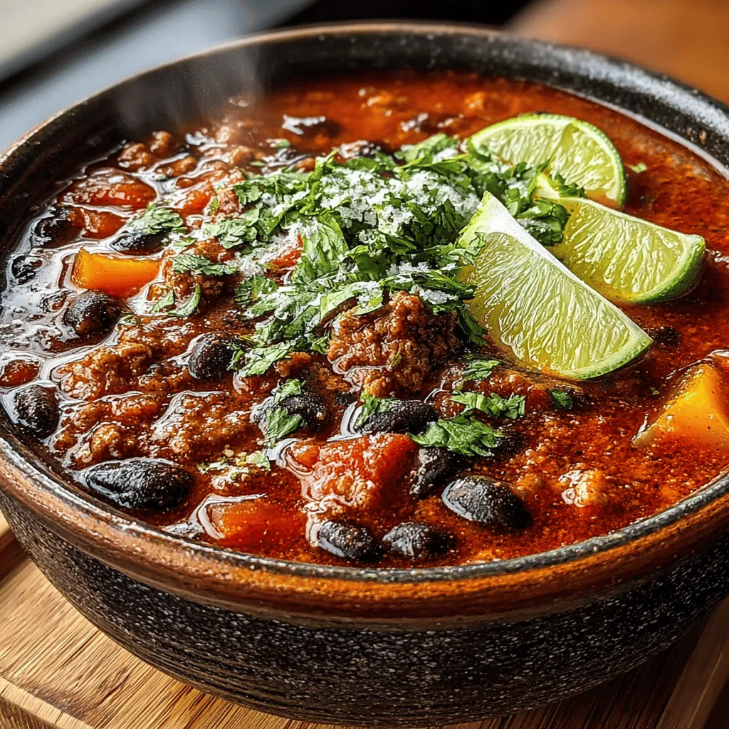 - 1 pound ground turkey - 1 can (15 ounces) kidney beans, drained and rinsed - 1 can (15 ounces) black beans, drained and rinsed - 1 can (14.5 ounces) diced tomatoes with green chilies - 1 medium onion, diced - 1 bell pepper, diced (any color) - 3 cloves garlic, minced - 2 tablespoons chili powder - 1 teaspoon ground cumin - 1 teaspoon smoked paprika - 1/2 teaspoon cayenne pepper (adjust to taste) - 2 cups chicken or vegetable broth - 1 tablespoon Worcestershire sauce - Salt and pepper to taste - Fresh cilantro, for garnish - Lime wedges, for serving