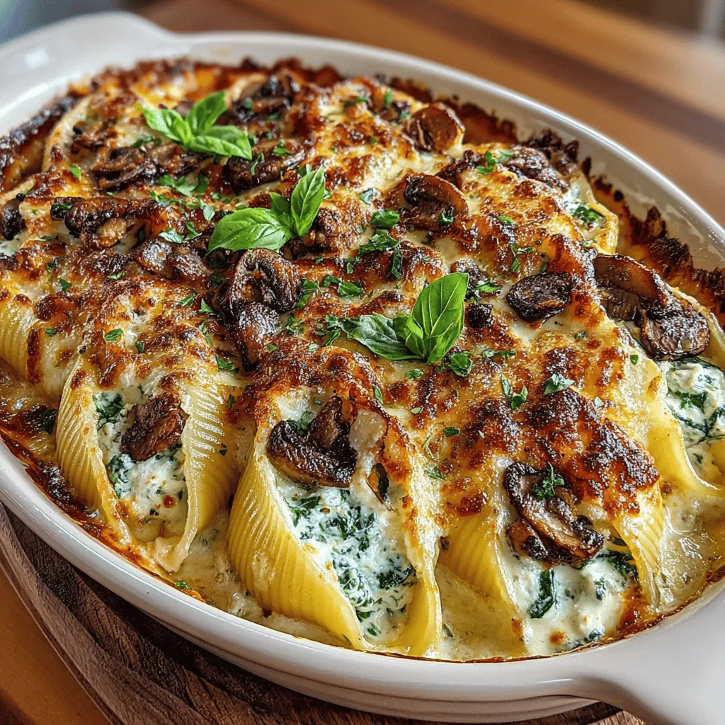 - 12 jumbo pasta shells - 2 cups fresh spinach, chopped - 1 cup mushrooms, diced (any variety, such as cremini or button) - 1 tablespoon olive oil - 2 cloves garlic, minced - 1 cup ricotta cheese - 1 cup cottage cheese - 1 cup shredded mozzarella cheese - 1/2 cup grated Parmesan cheese - 1 teaspoon salt - 1/2 teaspoon black pepper - 1 teaspoon Italian seasoning - 2 cups marinara sauce