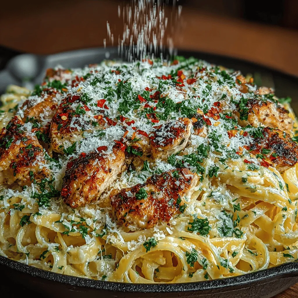 - 8 ounces fettuccine or spaghetti - 2 boneless, skinless chicken breasts - 2 tablespoons olive oil - 4 cloves garlic, minced - 1 cup heavy cream - 1 cup grated Parmesan cheese - 1 teaspoon Italian seasoning - Salt and pepper to taste - Optional: red pepper flakes for heat - Fresh parsley, chopped for garnish