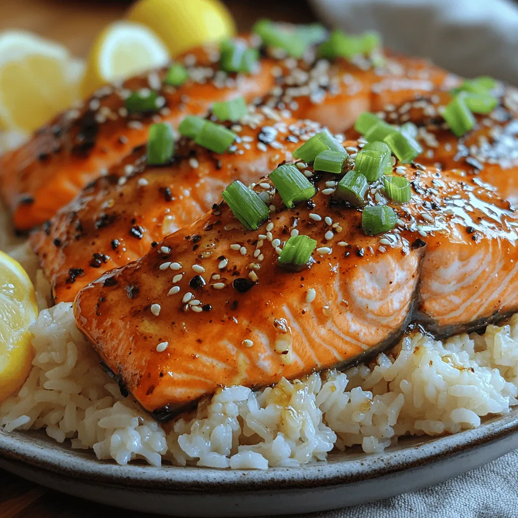 - 4 salmon fillets (skin-on or skinless) - 1/4 cup soy sauce (can use low sodium) - 1/4 cup honey - 2 cloves garlic, minced - 1 tablespoon fresh ginger, grated - 1 tablespoon rice vinegar - 1 tablespoon sesame oil - 2 cups jasmine rice - 4 cups water - Optional garnishes: sliced green onions, sesame seeds, or cilantro