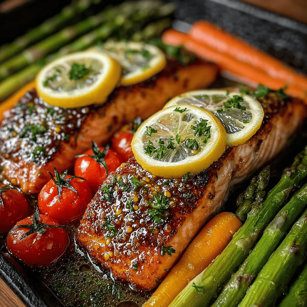 - 4 salmon fillets - 2 tablespoons Dijon mustard - 2 tablespoons honey - 2 tablespoons olive oil - 1 tablespoon apple cider vinegar - 3 cloves garlic, minced - 1 teaspoon fresh thyme leaves - 1 bunch asparagus, trimmed - 1 cup baby carrots, sliced - 1 cup cherry tomatoes, halved - Salt and pepper to taste