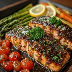 - 4 salmon fillets - 2 tablespoons Dijon mustard - 2 tablespoons honey - 2 tablespoons olive oil - 1 tablespoon apple cider vinegar - 3 cloves garlic, minced - 1 teaspoon fresh thyme leaves - 1 bunch asparagus, trimmed - 1 cup baby carrots, sliced - 1 cup cherry tomatoes, halved - Salt and pepper to taste