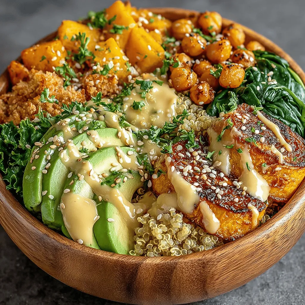 - 1 medium sweet potato, diced - 1 can (15 oz) chickpeas, drained and rinsed - 1 cup quinoa, rinsed - 2 tablespoons olive oil - 1 teaspoon paprika - 1 teaspoon garlic powder - Salt and pepper to taste - 2 cups fresh spinach or mixed greens - 1 avocado, sliced - 2 tablespoons tahini - Juice of 1 lemon - Water (for cooking quinoa)