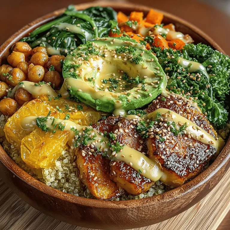 - 1 medium sweet potato, diced - 1 can (15 oz) chickpeas, drained and rinsed - 1 cup quinoa, rinsed - 2 tablespoons olive oil - 1 teaspoon paprika - 1 teaspoon garlic powder - Salt and pepper to taste - 2 cups fresh spinach or mixed greens - 1 avocado, sliced - 2 tablespoons tahini - Juice of 1 lemon - Water (for cooking quinoa)