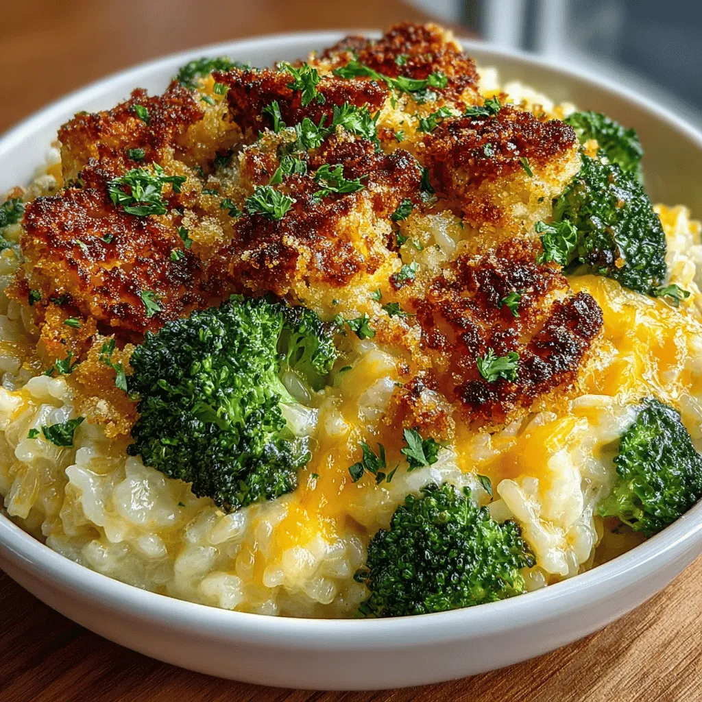 - 2 cups fresh or frozen broccoli florets - 1 cup uncooked rice (white or brown) - 2 cups vegetable or chicken broth - 1 cup sharp cheddar cheese, shredded - 1 cup mozzarella cheese, shredded - 1/2 cup grated Parmesan cheese - 1 medium onion, diced - 2 cloves garlic, minced - 1/2 teaspoon salt - 1/4 teaspoon black pepper - 1/2 teaspoon paprika (optional) - 1/2 cup breadcrumbs (optional, for topping) - Fresh parsley, chopped (optional, for garnish)