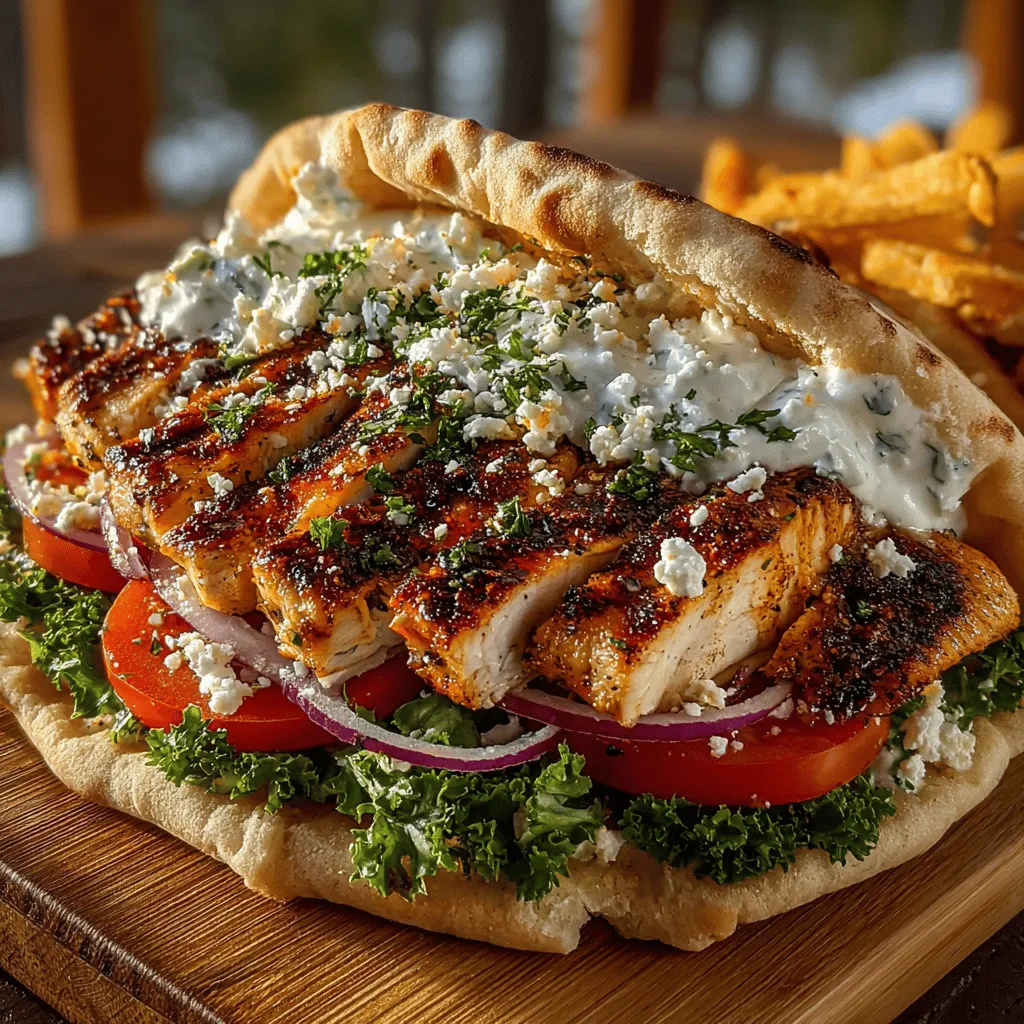 - 2 boneless, skinless chicken breasts - 1/4 cup olive oil - 2 tablespoons dried oregano - 1 teaspoon smoked paprika - 1 teaspoon garlic powder - Salt and pepper to taste - 1 cup Greek yogurt - 1 cucumber, grated - 2 tablespoons fresh dill, chopped - 2 pitas or flatbreads - 1 cup Romaine lettuce, shredded - 1 cup cherry tomatoes, halved - 1/2 red onion, thinly sliced - 1/2 cup feta cheese, crumbled
