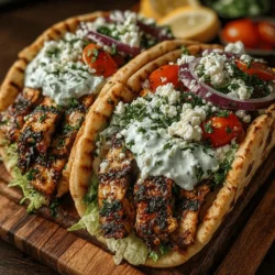 - 2 boneless, skinless chicken breasts - 1/4 cup olive oil - 2 tablespoons dried oregano - 1 teaspoon smoked paprika - 1 teaspoon garlic powder - Salt and pepper to taste - 1 cup Greek yogurt - 1 cucumber, grated - 2 tablespoons fresh dill, chopped - 2 pitas or flatbreads - 1 cup Romaine lettuce, shredded - 1 cup cherry tomatoes, halved - 1/2 red onion, thinly sliced - 1/2 cup feta cheese, crumbled