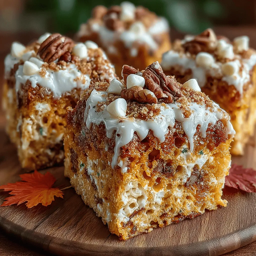 - 6 cups Rice Krispies cereal - 10 oz mini marshmallows - 3 tablespoons unsalted butter - 1 cup pumpkin puree - 1 teaspoon ground cinnamon - 1/2 teaspoon ground nutmeg - 1/2 teaspoon ground ginger - 1/4 teaspoon ground cloves - 1 teaspoon vanilla extract - Optional: 1/2 cup white chocolate chips - Optional: 1/2 cup chopped nuts (such as pecans or walnuts)