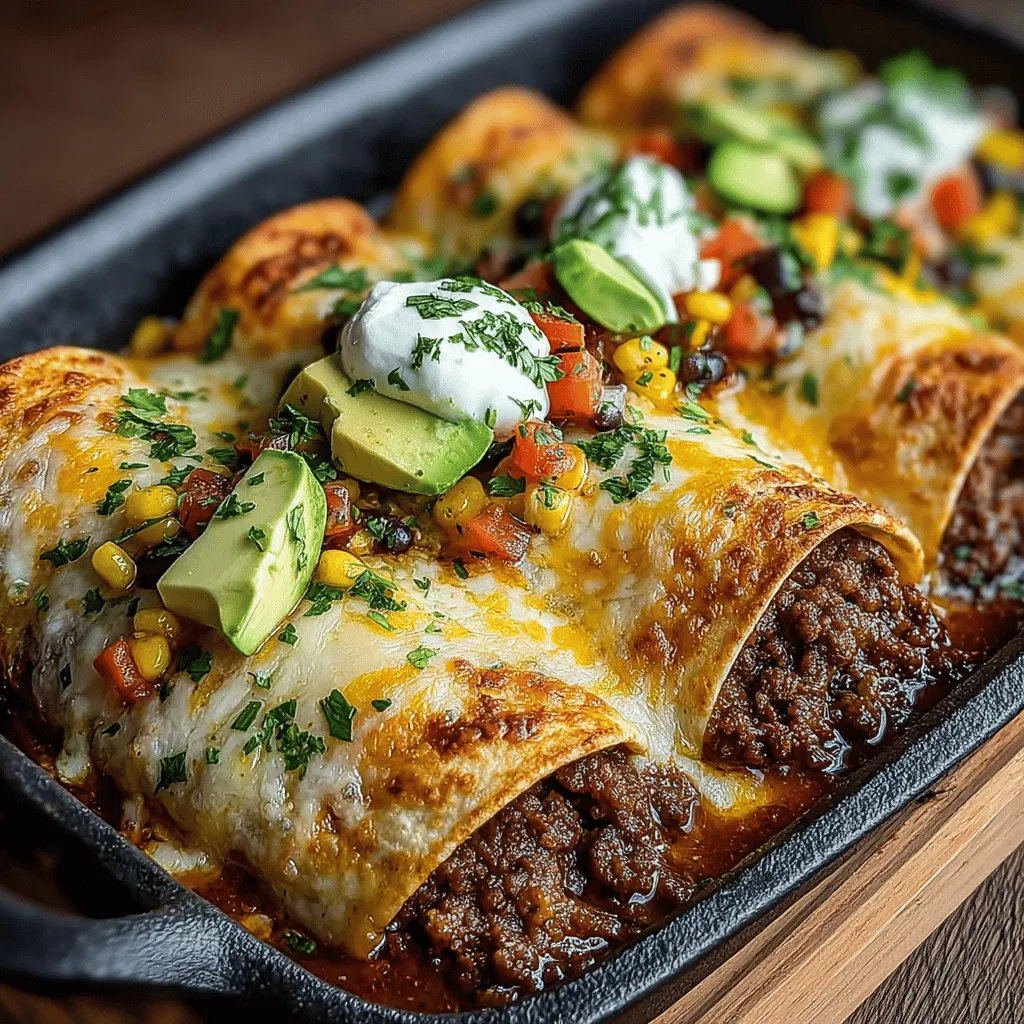 - 1 pound ground beef - 1 medium onion, diced - 1 red bell pepper, diced - 1 yellow bell pepper, diced - 1 cup corn (fresh or frozen) - 1 can (15 oz) black beans, rinsed and drained - 2 cups fresh spinach, chopped - 2 cups enchilada sauce (store-bought or homemade) - 8 large flour tortillas - 1 ½ cups shredded cheese (cheddar or Monterey Jack) - Optional toppings: sour cream, chopped cilantro, sliced jalapeños, avocado