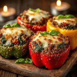 Stuffed peppers are a delightful culinary creation that effortlessly combines nutrition, flavor, and visual appeal into one dish. These vibrant, bell-shaped vegetables serve as the perfect vessel for an assortment of fillings, making them a versatile choice for any meal. The recipe for Savory Turkey & Spinach Stuffed Peppers not only stands out for its deliciousness but also for its wholesome ingredients. With ground turkey as a lean protein source, spinach for a nutrient boost, and an array of spices to enhance flavor, this dish promises satisfaction for families and meal preppers alike.