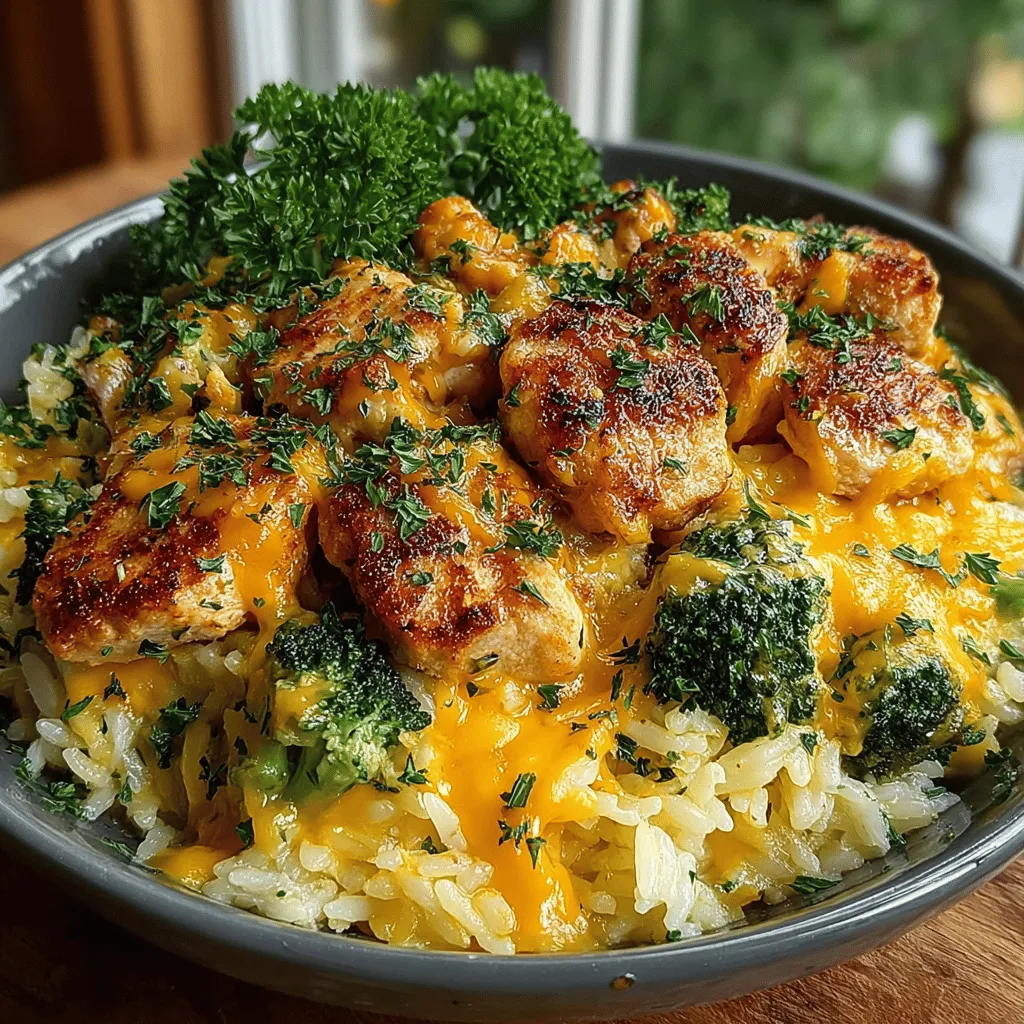 - 1 pound boneless, skinless chicken breasts - 1 cup long-grain white rice - 2 cups fresh broccoli florets - 1 cup shredded cheddar cheese - 1 medium onion, diced - 2 cloves garlic, minced - 4 cups chicken broth - 1 teaspoon paprika - 1/2 teaspoon black pepper - 1/2 teaspoon salt - 2 tablespoons olive oil