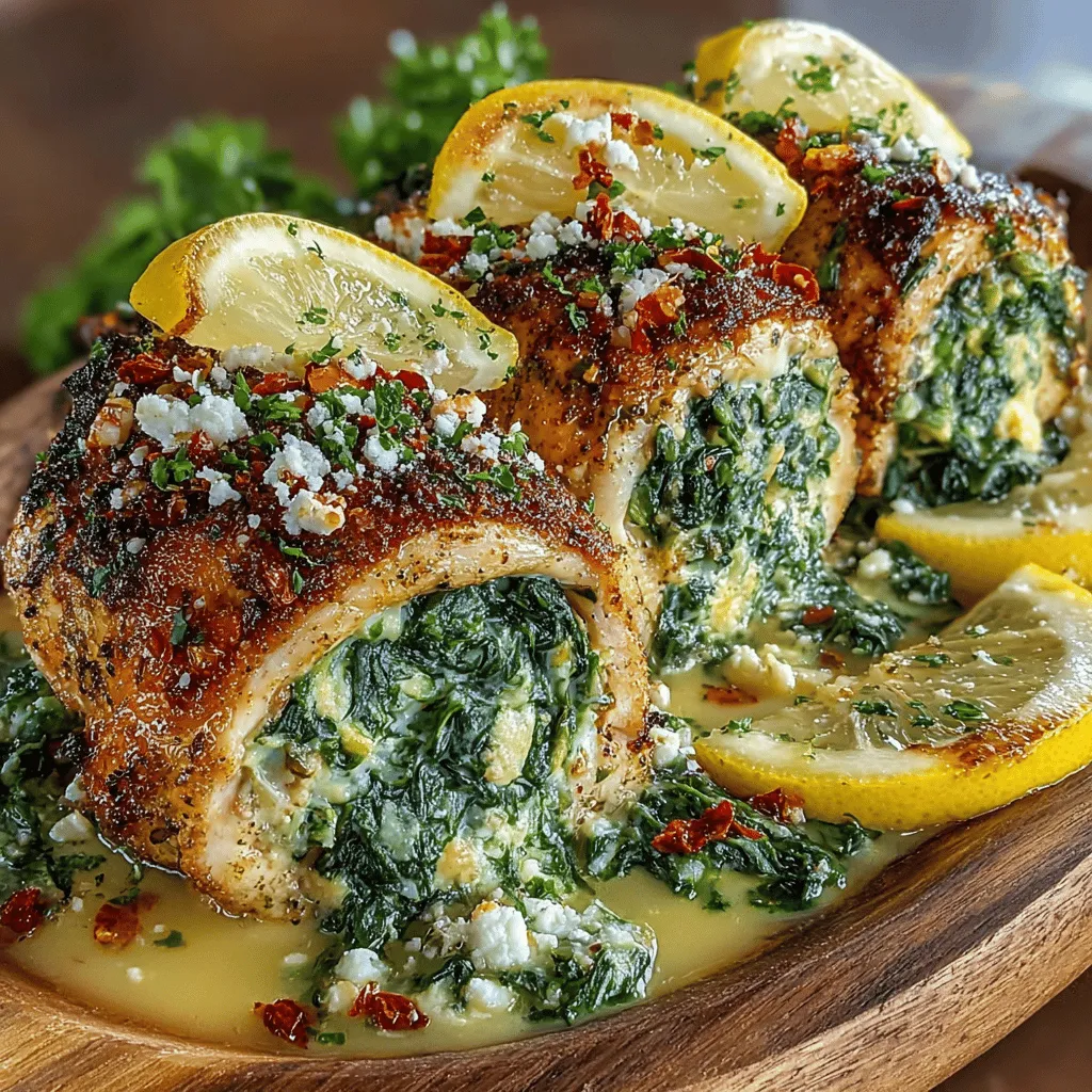 - 4 boneless, skinless chicken breasts - 2 cups fresh spinach, chopped - 1/2 cup feta cheese, crumbled - 1/4 cup cream cheese, softened - 1/4 cup grated Parmesan cheese - 2 cloves garlic, minced - 1/2 teaspoon red pepper flakes - 2 tablespoons olive oil - Zest of 1 lemon - Salt and pepper to taste - Fresh herbs (such as parsley or dill) for garnish