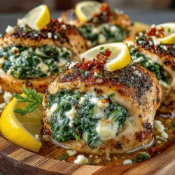 - 4 boneless, skinless chicken breasts - 2 cups fresh spinach, chopped - 1/2 cup feta cheese, crumbled - 1/4 cup cream cheese, softened - 1/4 cup grated Parmesan cheese - 2 cloves garlic, minced - 1/2 teaspoon red pepper flakes - 2 tablespoons olive oil - Zest of 1 lemon - Salt and pepper to taste - Fresh herbs (such as parsley or dill) for garnish