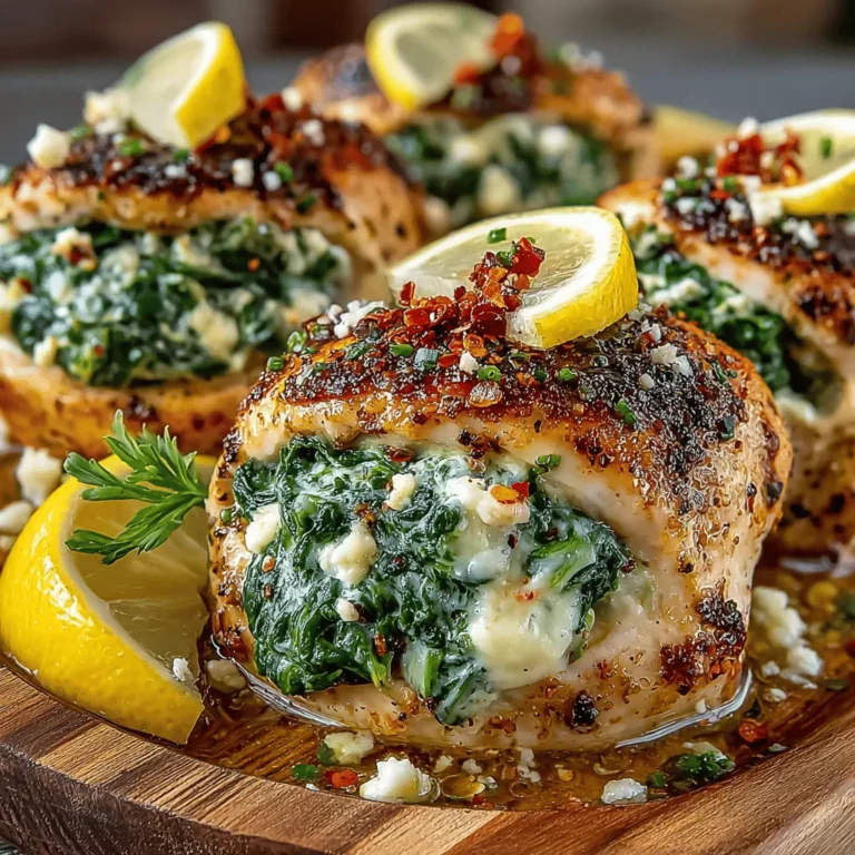 - 4 boneless, skinless chicken breasts - 2 cups fresh spinach, chopped - 1/2 cup feta cheese, crumbled - 1/4 cup cream cheese, softened - 1/4 cup grated Parmesan cheese - 2 cloves garlic, minced - 1/2 teaspoon red pepper flakes - 2 tablespoons olive oil - Zest of 1 lemon - Salt and pepper to taste - Fresh herbs (such as parsley or dill) for garnish