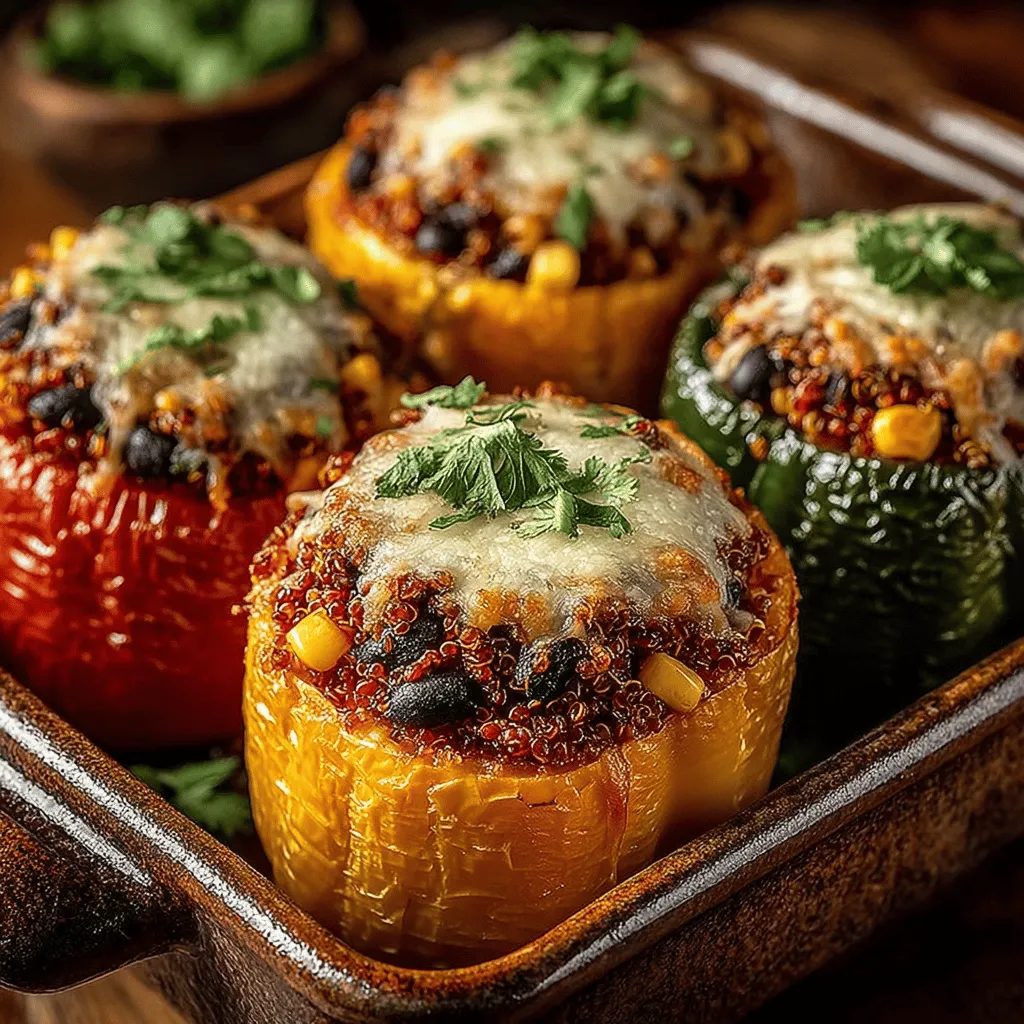 - 4 large bell peppers (any color) - 1 cup cooked quinoa - 1 can black beans, drained and rinsed - 1 cup corn (fresh, frozen, or canned) - 1 cup diced tomatoes (fresh or canned) - 1 ½ cups shredded cheese (cheddar or a blend) - ½ teaspoon cumin - ½ teaspoon paprika - Salt and pepper to taste - 2 tablespoons olive oil - Fresh cilantro for garnish