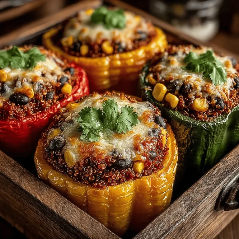 - 4 large bell peppers (any color) - 1 cup cooked quinoa - 1 can black beans, drained and rinsed - 1 cup corn (fresh, frozen, or canned) - 1 cup diced tomatoes (fresh or canned) - 1 ½ cups shredded cheese (cheddar or a blend) - ½ teaspoon cumin - ½ teaspoon paprika - Salt and pepper to taste - 2 tablespoons olive oil - Fresh cilantro for garnish