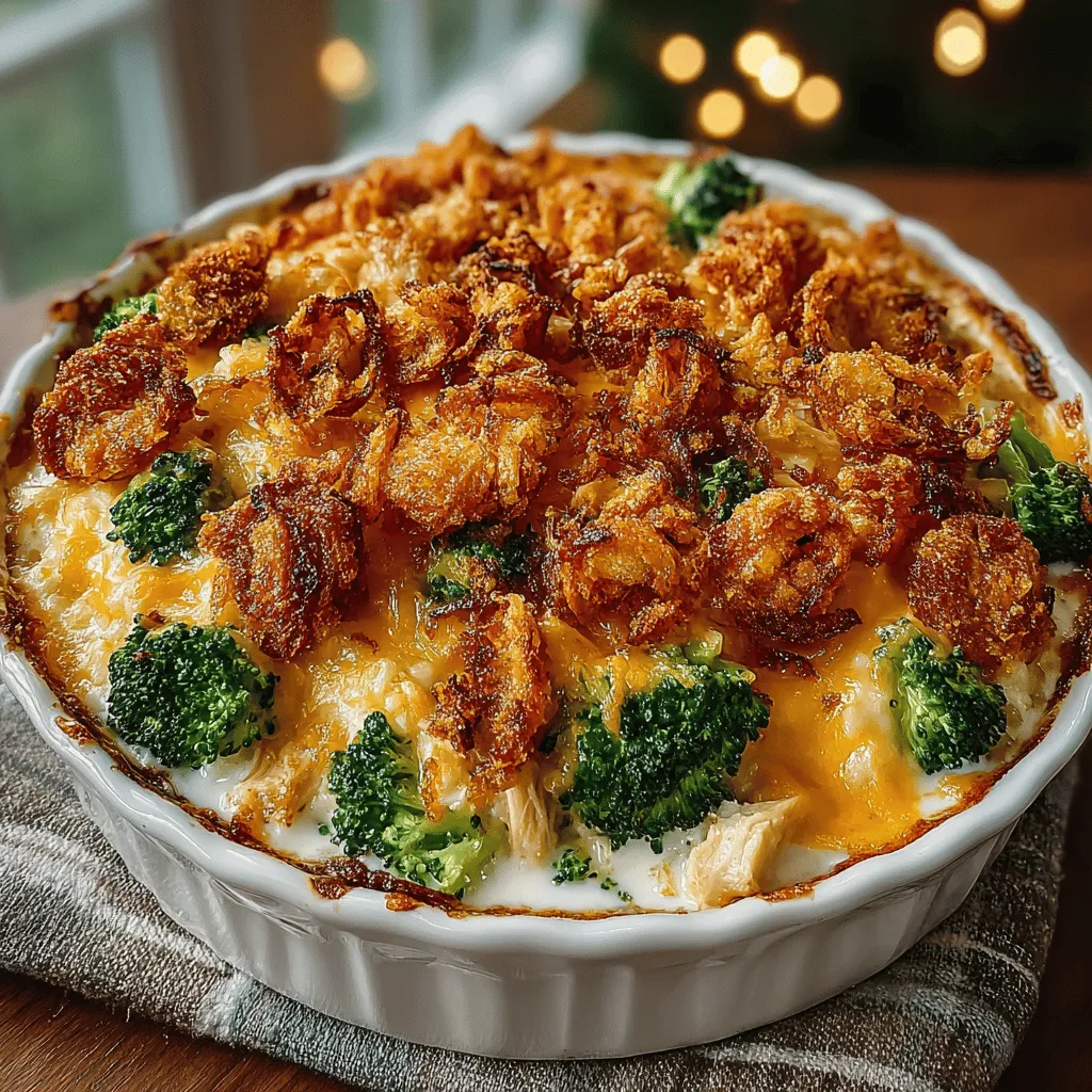 - 2 cups cooked chicken, shredded or diced - 2 cups fresh broccoli florets - 1 cup cooked rice (white or brown) - 2 cups shredded cheddar cheese - 1 can (10.5 oz) cream of mushroom soup - 1/2 cup milk - 1/2 cup sour cream - 1 teaspoon garlic powder - 1 teaspoon onion powder - Salt and black pepper to taste - 1 cup French fried onions (for topping)