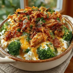 - 2 cups cooked chicken, shredded or diced - 2 cups fresh broccoli florets - 1 cup cooked rice (white or brown) - 2 cups shredded cheddar cheese - 1 can (10.5 oz) cream of mushroom soup - 1/2 cup milk - 1/2 cup sour cream - 1 teaspoon garlic powder - 1 teaspoon onion powder - Salt and black pepper to taste - 1 cup French fried onions (for topping)