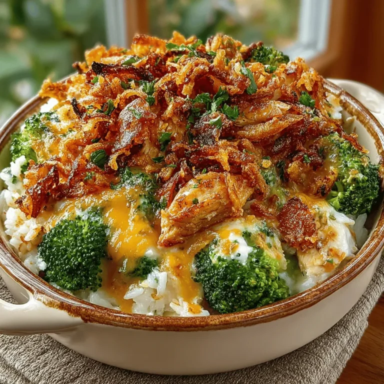 - 2 cups cooked chicken, shredded or diced - 2 cups fresh broccoli florets - 1 cup cooked rice (white or brown) - 2 cups shredded cheddar cheese - 1 can (10.5 oz) cream of mushroom soup - 1/2 cup milk - 1/2 cup sour cream - 1 teaspoon garlic powder - 1 teaspoon onion powder - Salt and black pepper to taste - 1 cup French fried onions (for topping)