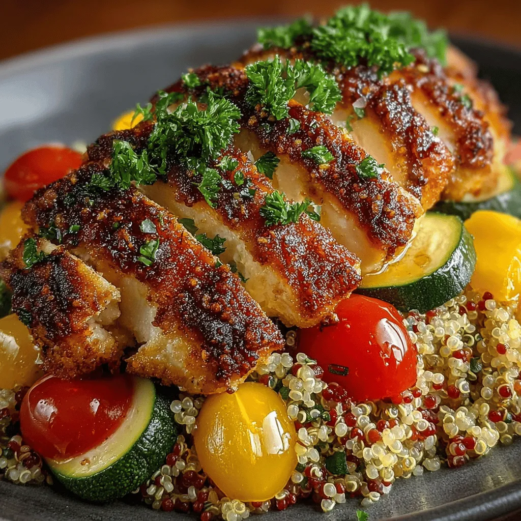 Zesty Lemon Herb Chicken with Colorful Quinoa Medley is a delightful and nutritious dish that combines the tender, flavorful essence of marinated chicken with the vibrant colors and textures of a quinoa medley. This dish is not only visually appealing but also packed with health benefits. The high protein content of the chicken, along with the rich nutrients and fiber found in quinoa, makes it a perfect meal for anyone looking to maintain a balanced diet. Seasonal ingredients like fresh herbs and vegetables enhance both the taste and the health benefits, making this dish suitable for any occasion, from casual weeknight dinners to festive gatherings.