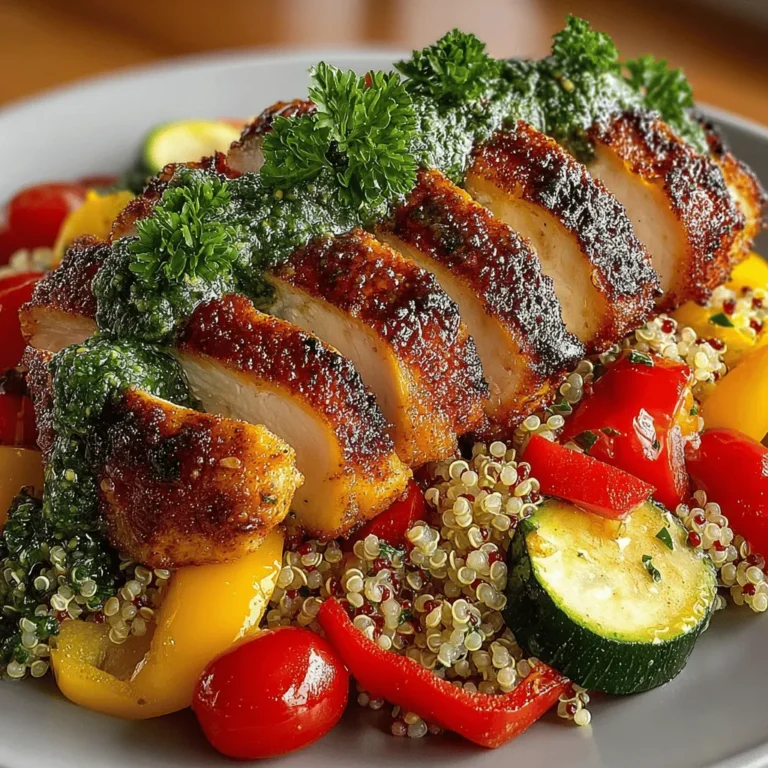 Zesty Lemon Herb Chicken with Colorful Quinoa Medley is a delightful and nutritious dish that combines the tender, flavorful essence of marinated chicken with the vibrant colors and textures of a quinoa medley. This dish is not only visually appealing but also packed with health benefits. The high protein content of the chicken, along with the rich nutrients and fiber found in quinoa, makes it a perfect meal for anyone looking to maintain a balanced diet. Seasonal ingredients like fresh herbs and vegetables enhance both the taste and the health benefits, making this dish suitable for any occasion, from casual weeknight dinners to festive gatherings.