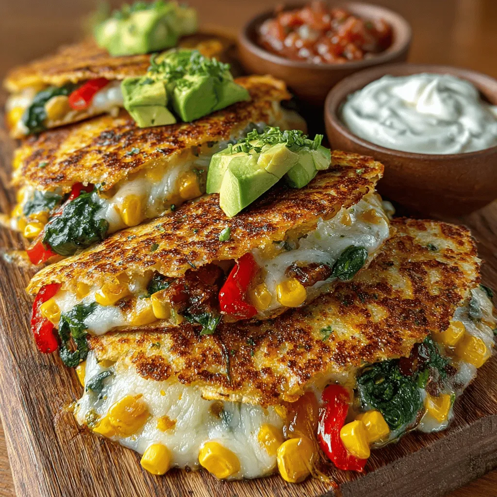 - 4 whole wheat tortillas - 1 cup shredded cheddar cheese - 1 cup shredded mozzarella cheese - 1 cup corn (fresh or frozen) - 1 red bell pepper, diced - 1 yellow bell pepper, diced - 1 medium zucchini, thinly sliced - 2 cups fresh spinach - 1 avocado, sliced - 1 teaspoon cumin - 1 teaspoon garlic powder - Olive oil for cooking - Salt and pepper to taste