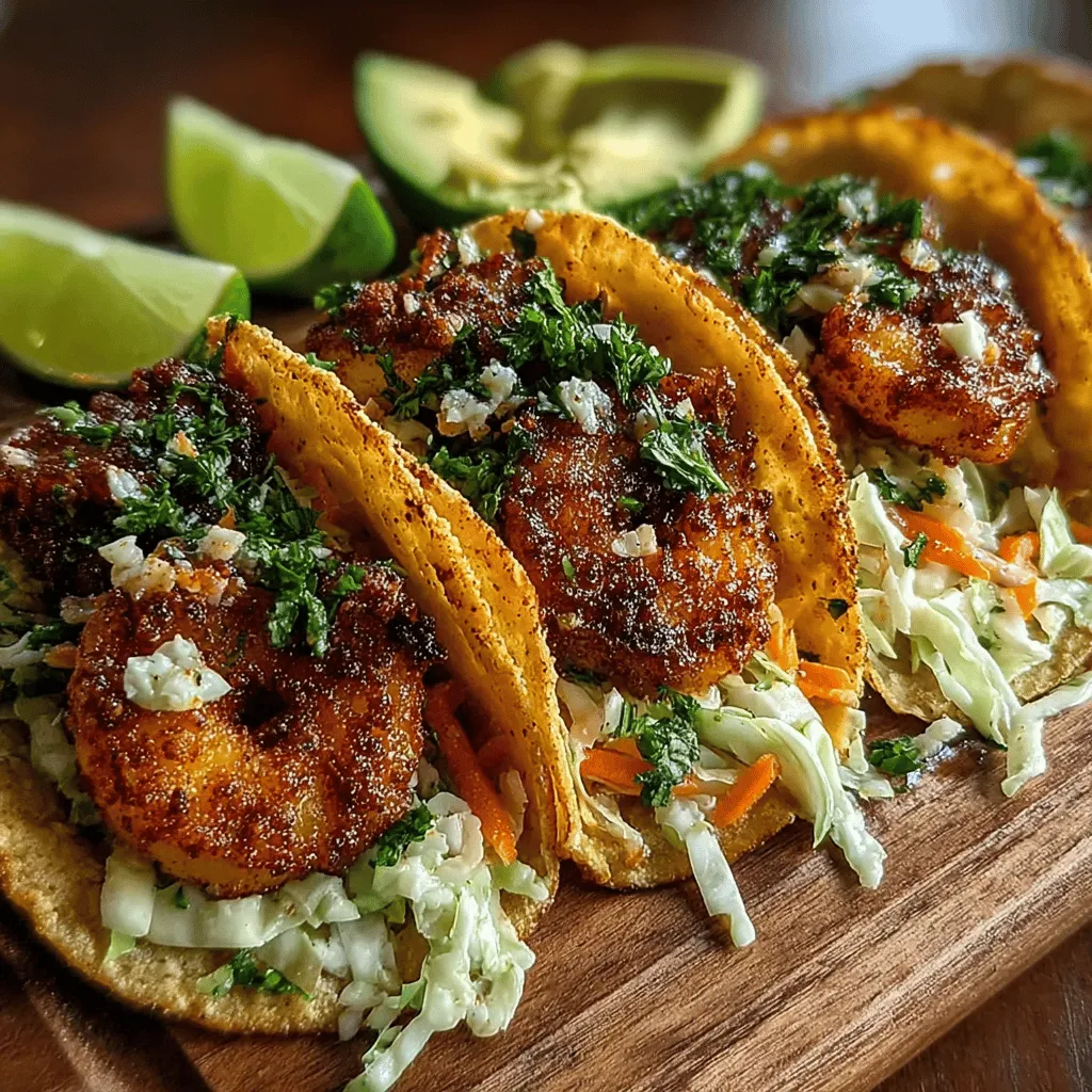 - 1 pound large shrimp, peeled and deveined - 1 tablespoon olive oil - 1 teaspoon chili powder - 1 teaspoon ground cumin - 1/2 teaspoon cayenne pepper (adjust to taste) - Salt and pepper to taste - 8 corn or flour tortillas - 1 cup shredded cabbage - 1/2 cup chopped fresh cilantro - 1/4 cup lime juice - 1 tablespoon honey - 1/4 teaspoon garlic powder