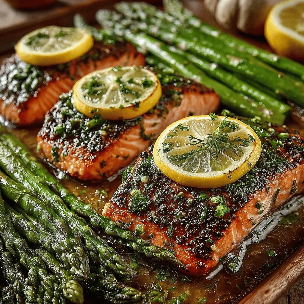 - 4 salmon fillets, skinless - 1 bunch of asparagus, trimmed - 3 tablespoons olive oil - 2 lemons (one for juice, one for slices) - 3 cloves garlic, minced - 1 teaspoon dried oregano - 1 teaspoon dried thyme - Salt and pepper to taste - Fresh parsley for garnish (optional)