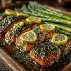 - 4 salmon fillets, skinless - 1 bunch of asparagus, trimmed - 3 tablespoons olive oil - 2 lemons (one for juice, one for slices) - 3 cloves garlic, minced - 1 teaspoon dried oregano - 1 teaspoon dried thyme - Salt and pepper to taste - Fresh parsley for garnish (optional)