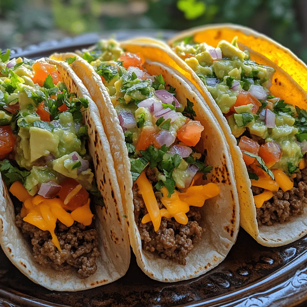 - 1 pound ground beef - 1 tablespoon olive oil - 1 teaspoon chili powder - 1 teaspoon cumin - 1 teaspoon garlic powder - 1 teaspoon onion powder - 1 teaspoon paprika - Salt and pepper to taste - 8 small corn or flour tortillas - 1 ripe avocado, diced - 1 small red onion, finely chopped - 1 medium tomato, diced - 1 lime, juiced - Fresh cilantro, chopped (optional)