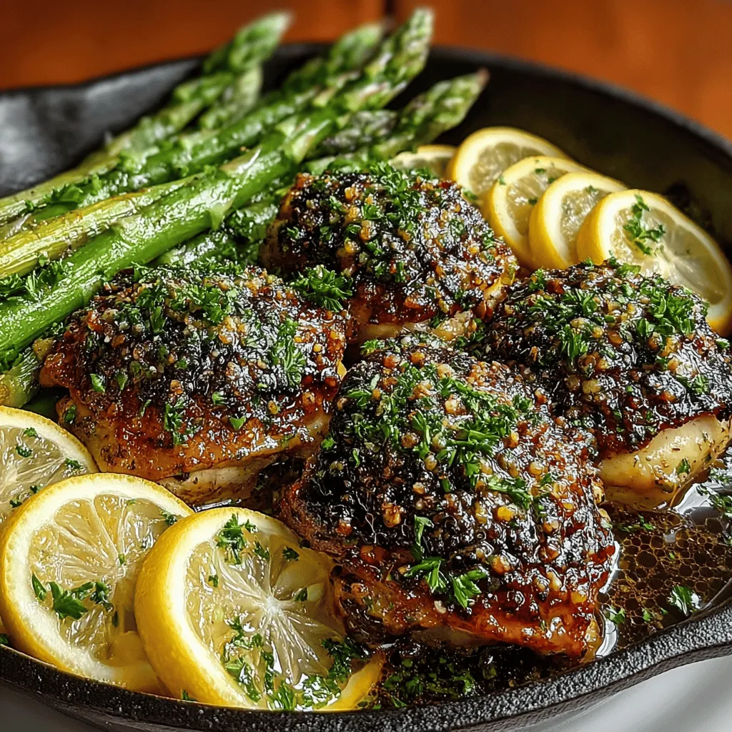 - 4 boneless, skinless chicken thighs - 1 bunch of asparagus, trimmed - 4 cloves of garlic, minced - Juice and zest of 1 lemon - 3 tablespoons of olive oil - 1 teaspoon of dried thyme - 1 teaspoon of paprika - Salt and pepper to taste