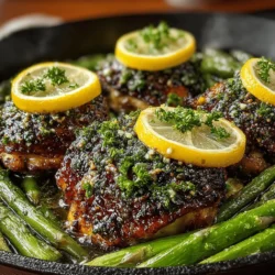 - 4 boneless, skinless chicken thighs - 1 bunch of asparagus, trimmed - 4 cloves of garlic, minced - Juice and zest of 1 lemon - 3 tablespoons of olive oil - 1 teaspoon of dried thyme - 1 teaspoon of paprika - Salt and pepper to taste