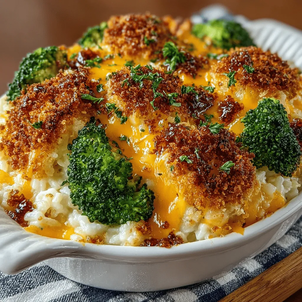 - 2 cups of fresh broccoli florets - 1 cup of uncooked rice (white or brown) - 1 can (10.5 oz) of cream of mushroom soup - 2 cups of shredded cheddar cheese (sharp or mild) - 1/2 cup of milk - 1 teaspoon of garlic powder - 1 teaspoon of onion powder - 1/2 teaspoon of salt - 1/4 teaspoon of pepper - 1/2 teaspoon of paprika - 1 cup of breadcrumbs (panko or regular)