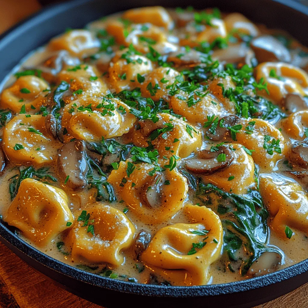 - 12 oz cheese tortellini (fresh or frozen) - 2 tablespoons olive oil - 1 medium onion, diced - 3 cloves garlic, minced - 8 oz cremini mushrooms, sliced - 4 cups fresh spinach - 1 cup heavy cream - ½ cup grated Parmesan cheese - 1 teaspoon Italian seasoning - Salt and pepper to taste - Fresh parsley, chopped (for garnish)