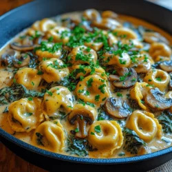 - 12 oz cheese tortellini (fresh or frozen) - 2 tablespoons olive oil - 1 medium onion, diced - 3 cloves garlic, minced - 8 oz cremini mushrooms, sliced - 4 cups fresh spinach - 1 cup heavy cream - ½ cup grated Parmesan cheese - 1 teaspoon Italian seasoning - Salt and pepper to taste - Fresh parsley, chopped (for garnish)