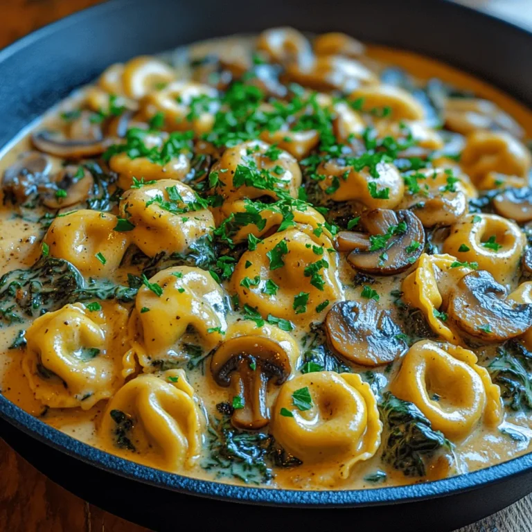 - 12 oz cheese tortellini (fresh or frozen) - 2 tablespoons olive oil - 1 medium onion, diced - 3 cloves garlic, minced - 8 oz cremini mushrooms, sliced - 4 cups fresh spinach - 1 cup heavy cream - ½ cup grated Parmesan cheese - 1 teaspoon Italian seasoning - Salt and pepper to taste - Fresh parsley, chopped (for garnish)