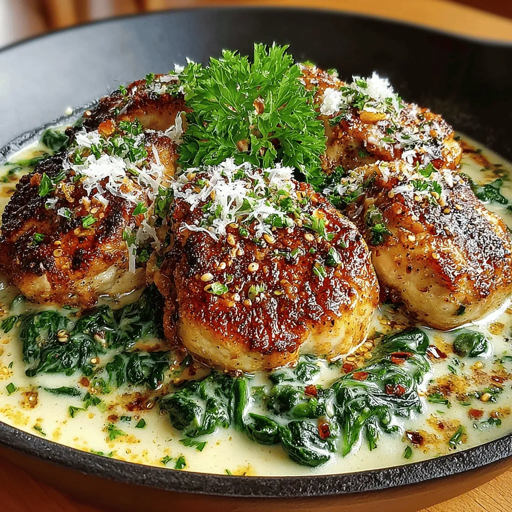 - 4 boneless, skinless chicken breasts - Salt and pepper, to taste - 2 tablespoons olive oil - 4 cloves garlic, minced - 4 cups fresh spinach - 1 cup heavy cream - 1 cup grated Parmesan cheese - 1 teaspoon Italian seasoning - Fresh parsley, chopped (for garnish)