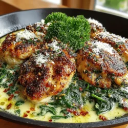- 4 boneless, skinless chicken breasts - Salt and pepper, to taste - 2 tablespoons olive oil - 4 cloves garlic, minced - 4 cups fresh spinach - 1 cup heavy cream - 1 cup grated Parmesan cheese - 1 teaspoon Italian seasoning - Fresh parsley, chopped (for garnish)