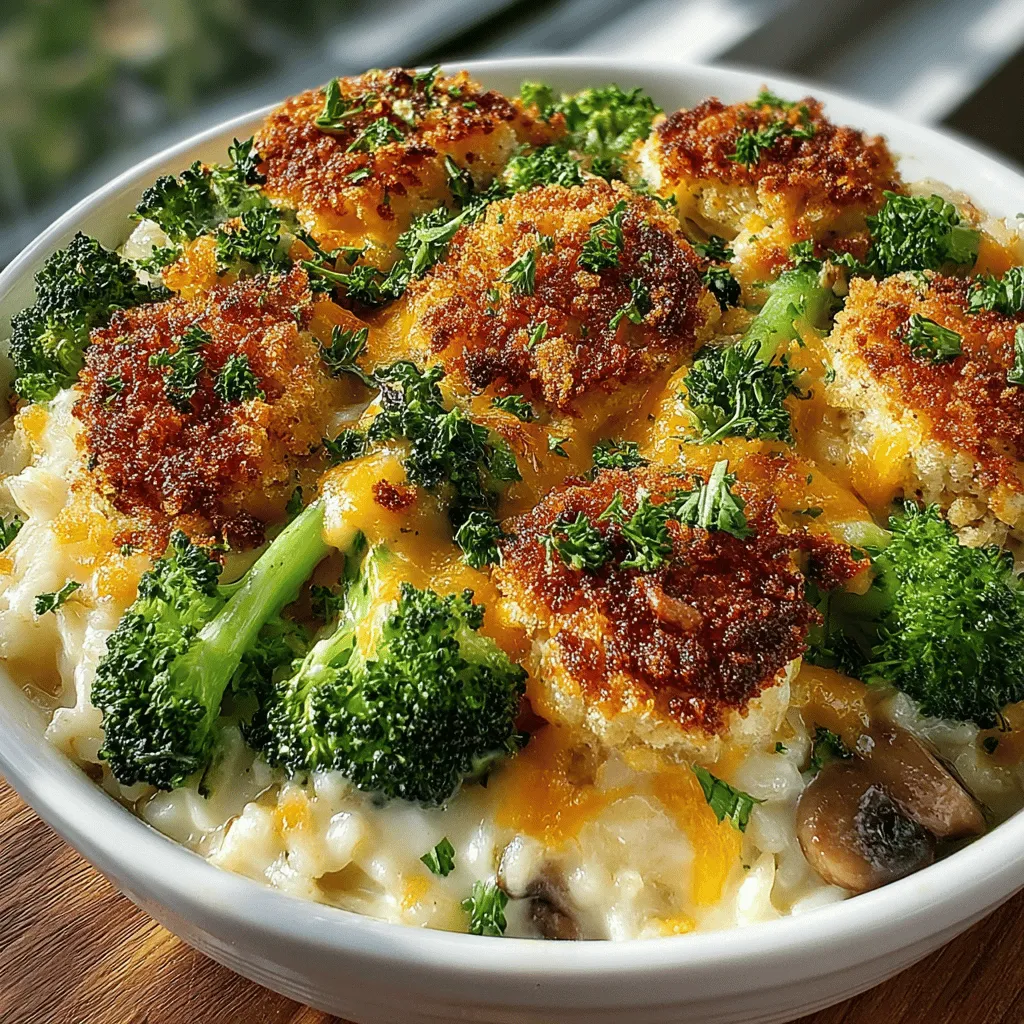 - 2 cups of cooked rice - 4 cups of fresh broccoli florets - 1 can (10.5 oz) of cream of mushroom soup - 1 cup of shredded cheddar cheese - 1/2 cup of milk - 1 teaspoon of garlic powder - 1 teaspoon of onion powder - Salt and pepper to taste - 1/2 cup of breadcrumbs (optional, for topping) - Fresh parsley for garnish (optional)