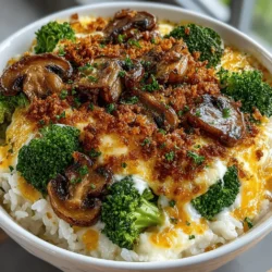 - 2 cups of cooked rice - 4 cups of fresh broccoli florets - 1 can (10.5 oz) of cream of mushroom soup - 1 cup of shredded cheddar cheese - 1/2 cup of milk - 1 teaspoon of garlic powder - 1 teaspoon of onion powder - Salt and pepper to taste - 1/2 cup of breadcrumbs (optional, for topping) - Fresh parsley for garnish (optional)