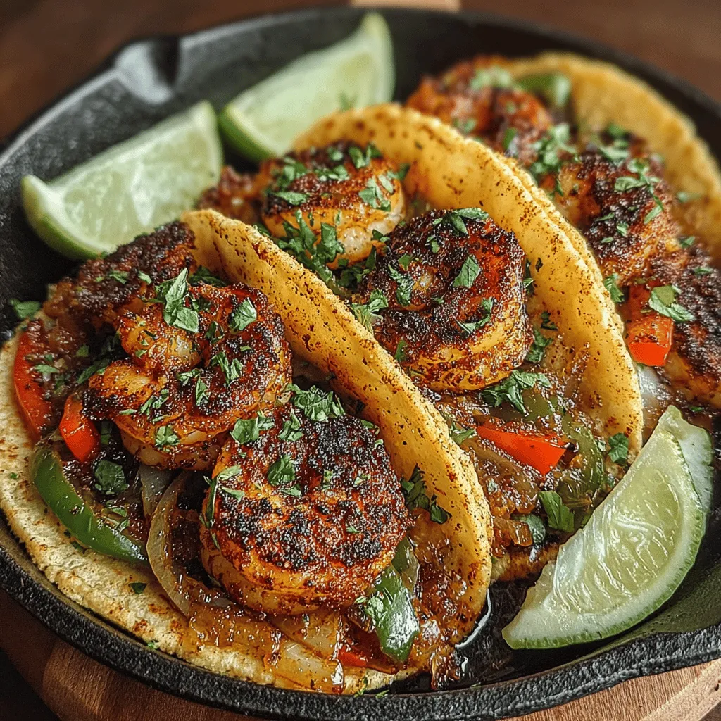 - 1 pound large shrimp, peeled and deveined - 2 tablespoons olive oil - 1 teaspoon chili powder - 1 teaspoon cumin - 1 teaspoon garlic powder - 1 teaspoon paprika - Salt and pepper to taste - 1 red bell pepper, sliced - 1 green bell pepper, sliced - 1 medium onion, sliced - 4 flour or corn tortillas - Optional toppings: sour cream, guacamole, salsa, cilantro, lime wedges