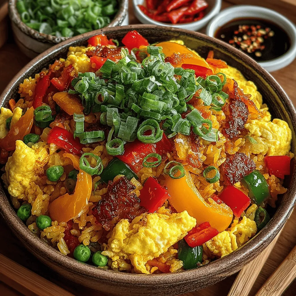 - 3 cups day-old jasmine rice - 3 large eggs - 1 cup mixed vegetables (bell peppers, peas, carrots) - 1 small onion, diced - 3 cloves garlic, minced - 3 tablespoons soy sauce - 1 tablespoon oyster sauce (optional) - 1 tablespoon sesame oil - Salt and pepper to taste - Green onions, chopped (for garnish)